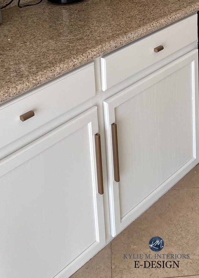 Sherwin Williams Aesthetic White with warm granite quartz countertop and tile floor. Kylie M Interiors Edesign