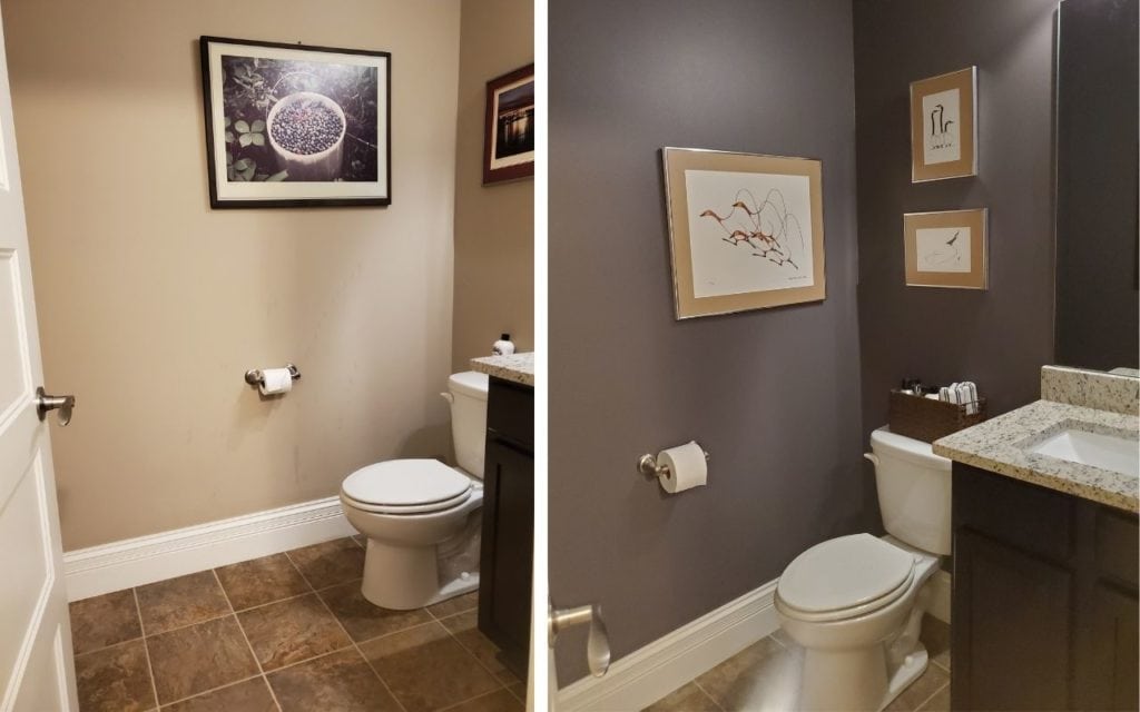 Small bathroom beige tile and granite countertop. Paint colour Sherwin Williams Gauntlet Gray, Kylie M Interiors Edesign