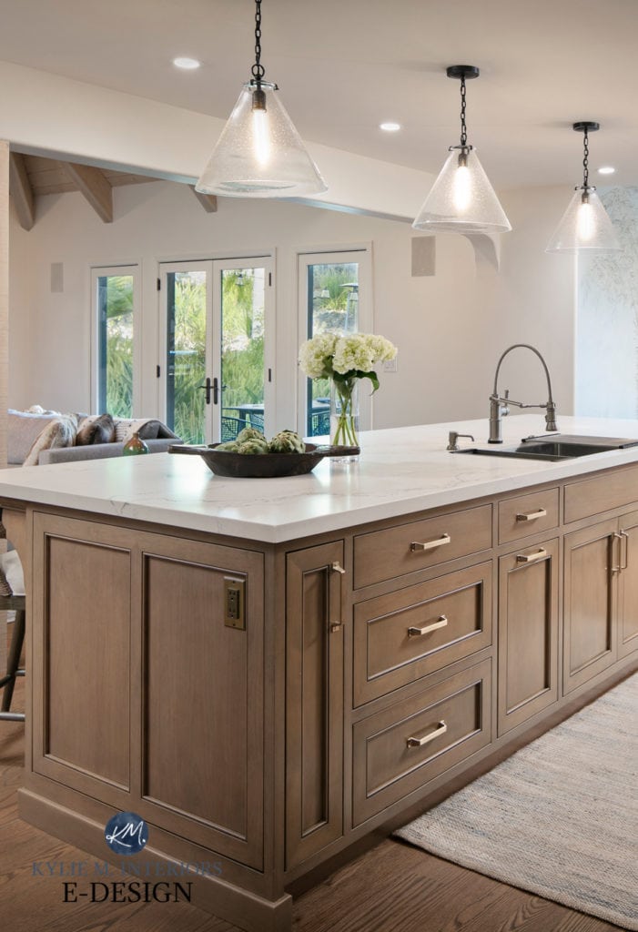Wood kitchen island cabinets, red oak floors, pendant lights, Caesarstone Staturio Nuvo white quartz countertop, White Dove walls. Kylie M Interiors Edesign, update ideas blogger (2)