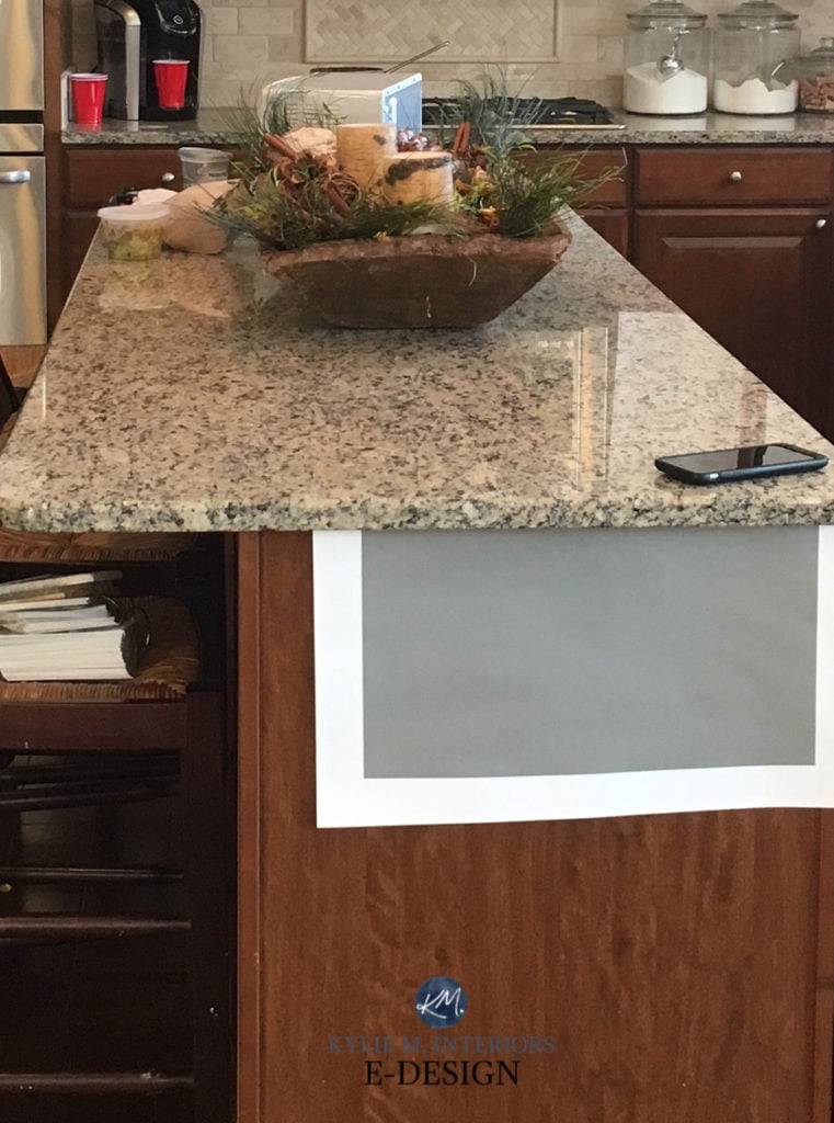 dark warm gray painted island with granite countertops, Sherwin Williams Dovetail. Kylie M interiors Edesign