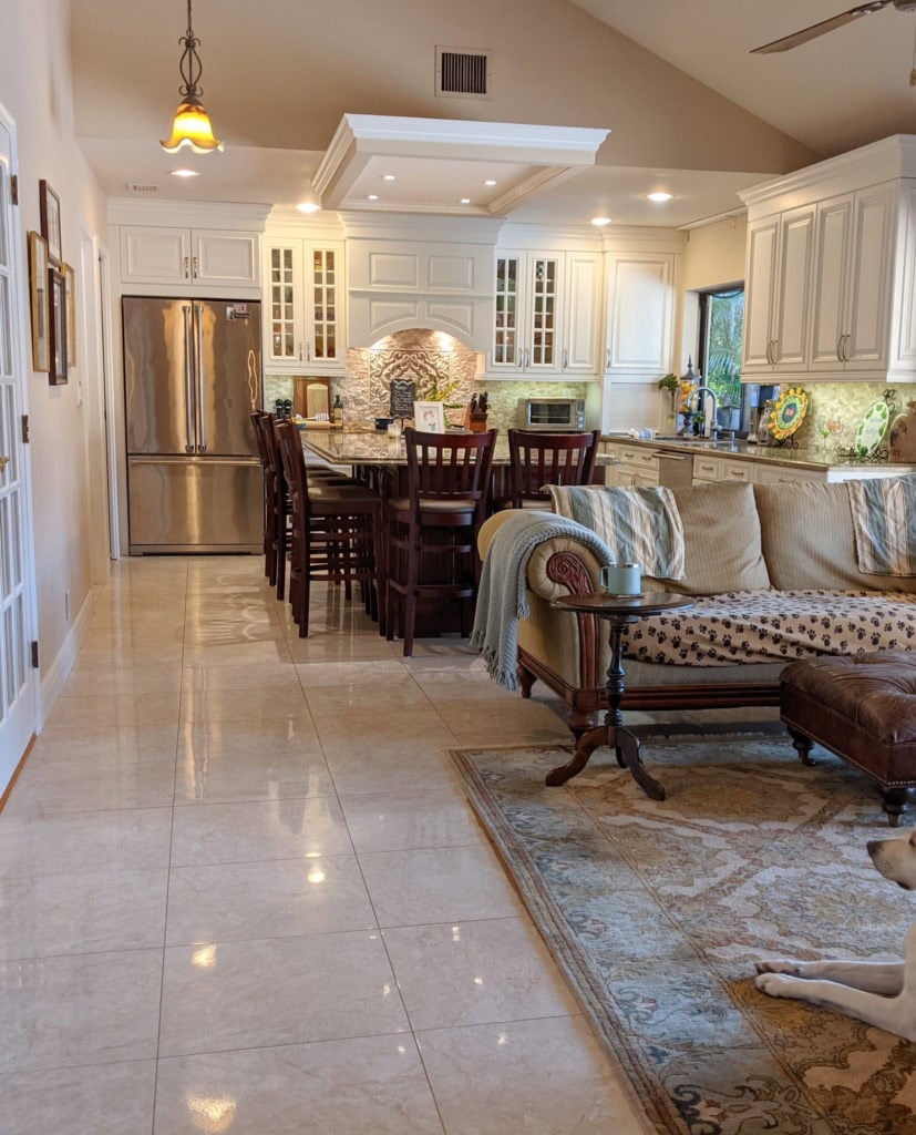 Benjamin Moore Stone House, polished travertine look floor, off-white cabinets cream, Kylie M Interiors CLIENT before photo