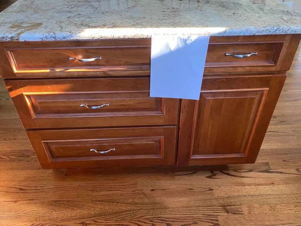 CHERRY OR MAPLE WOOD KITCHEN CABINETS BEFORE BEING PAINTED. OLDER WARM TONED GRANITE COUNTERTOP, CREAM AND RUST. KYLIE M INTERIORS EDESIGN, DIY UPDATE IDEAS