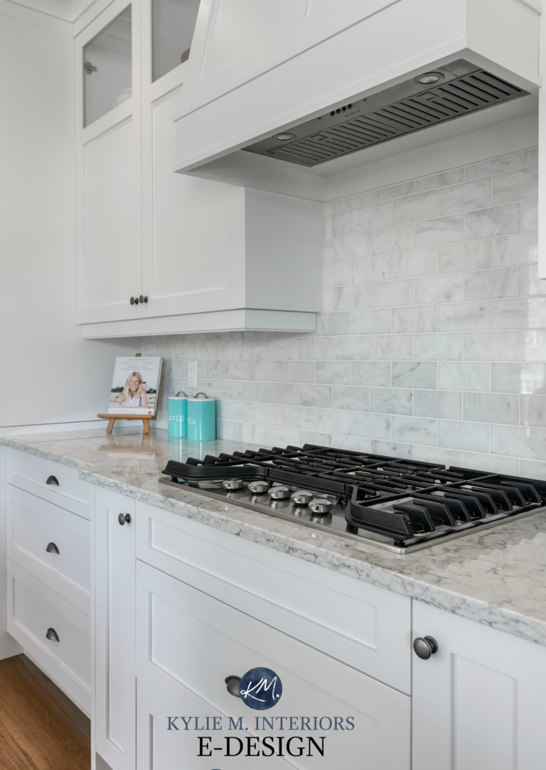 Marble subway tile backsplash, white painted kitchen cabinets, High Reflective White, Sherwin. white quartz gray veining, LG. Kylie M Interiors Edesign, diy interiors