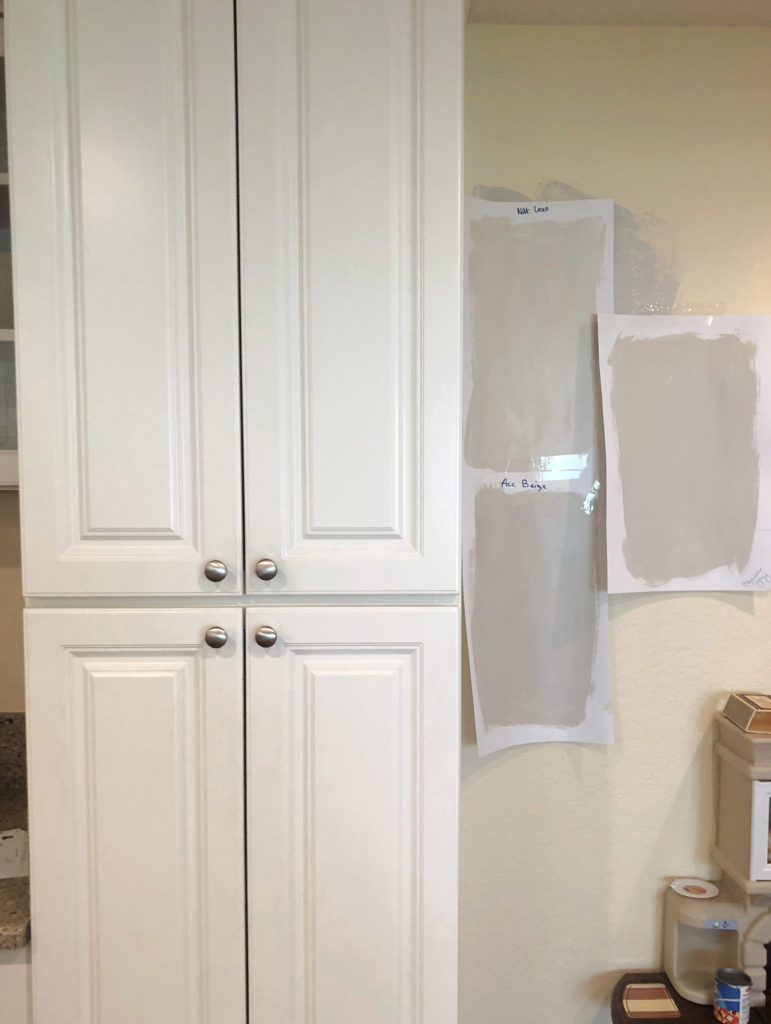 Natural Linen and Accessible Beige with off white cream cabinets, best paint colours. Kylie M Interiors