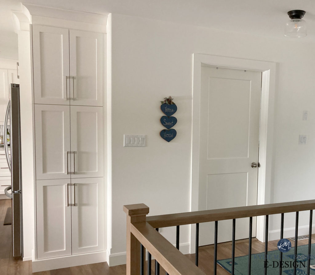 North-facing light, walls, trim, cabinets, doors in Benjamin Moore Cloud White, matching or the same. Kylie M Interiors Edesign