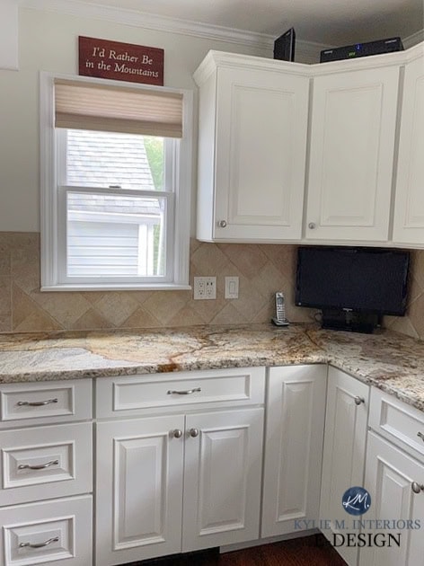 Older warm granite countertops, travertine look backsplash. Cherry wood cabinets painted warm white. Kylie M INteriors Edesign, kitchen update ideas