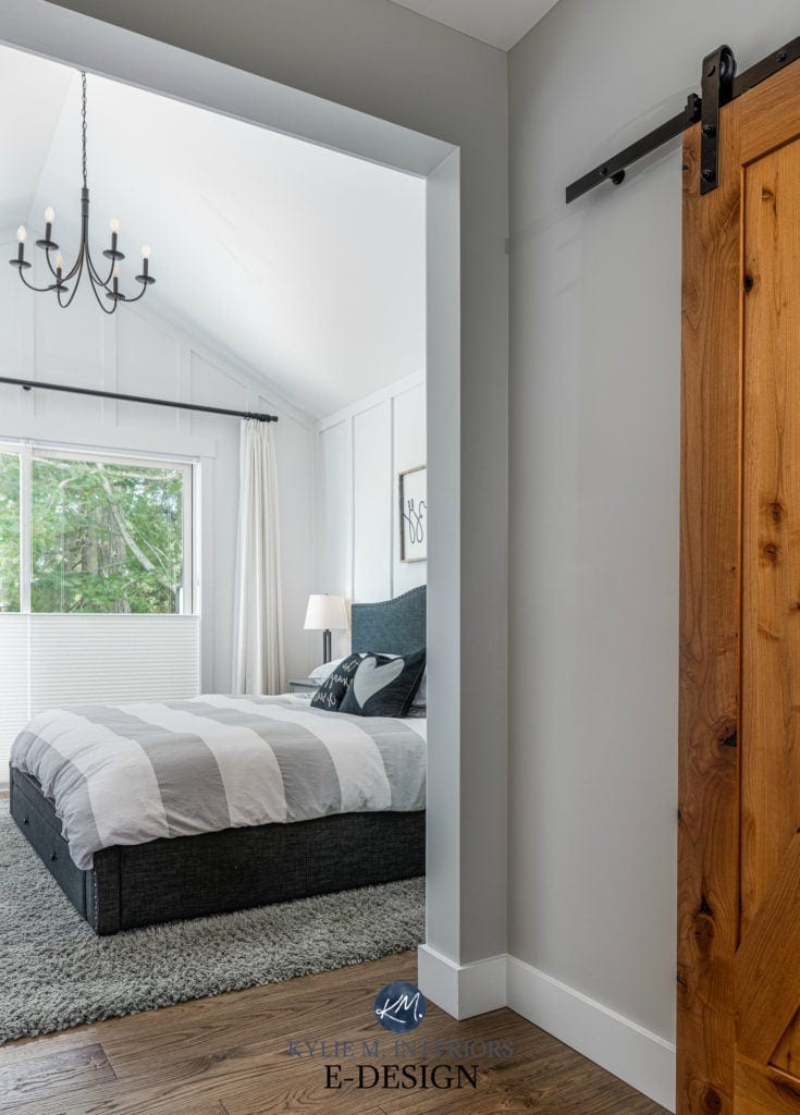 Primary bedroom, Sherwin Williams High Reflective White board and batten, Stonington Gray hallway. barn door, chandelier. Kylie M Interiors Edesign, diy update ideas