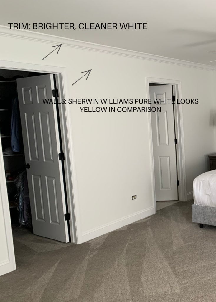 Pure White compared to bright white trim. Should all surfaces be same white. Kylie M Interiors Edesign