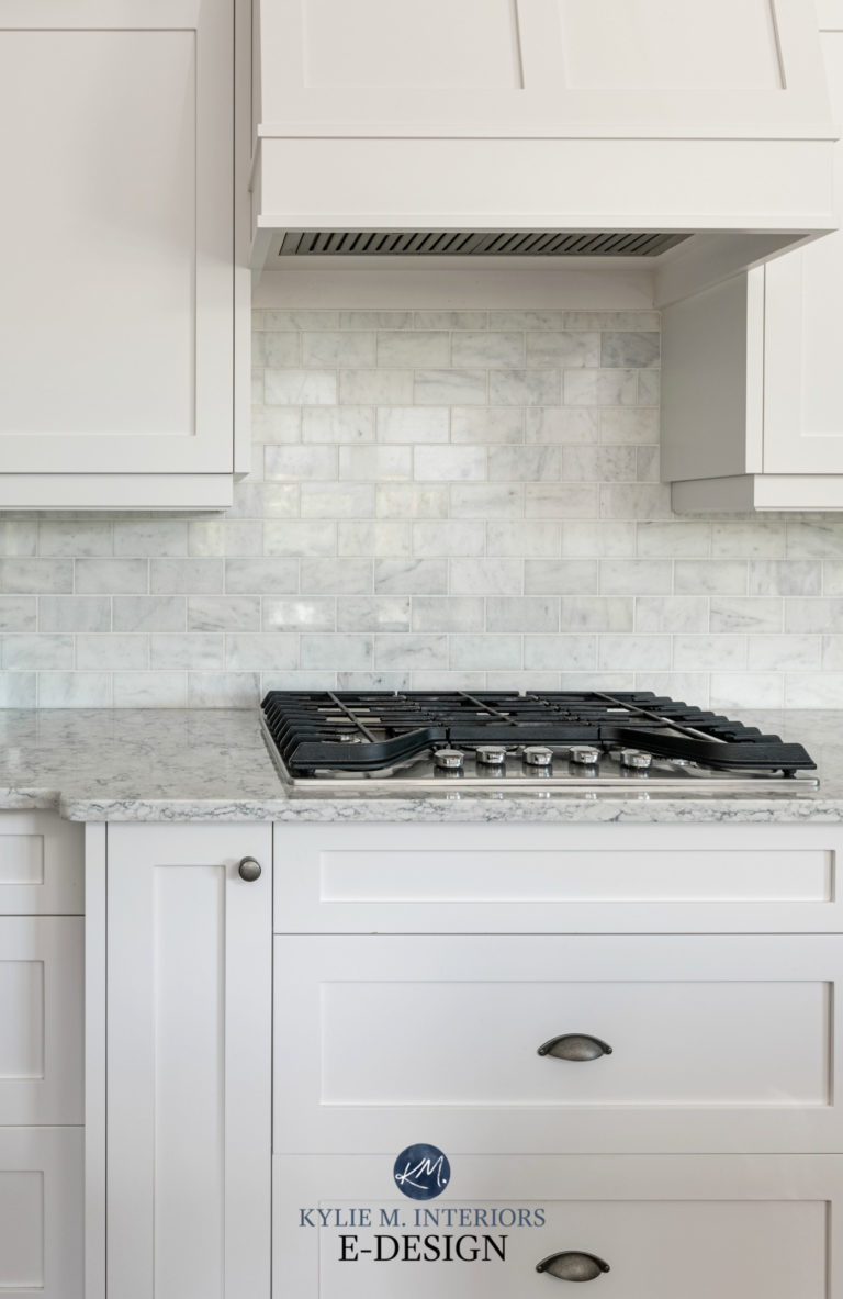 Sherwin Williams High Reflective White cabinets, marble subway tile backsplash, LG white quartz countertop. Kylie M Interiors Edesign, diy decorating ideas