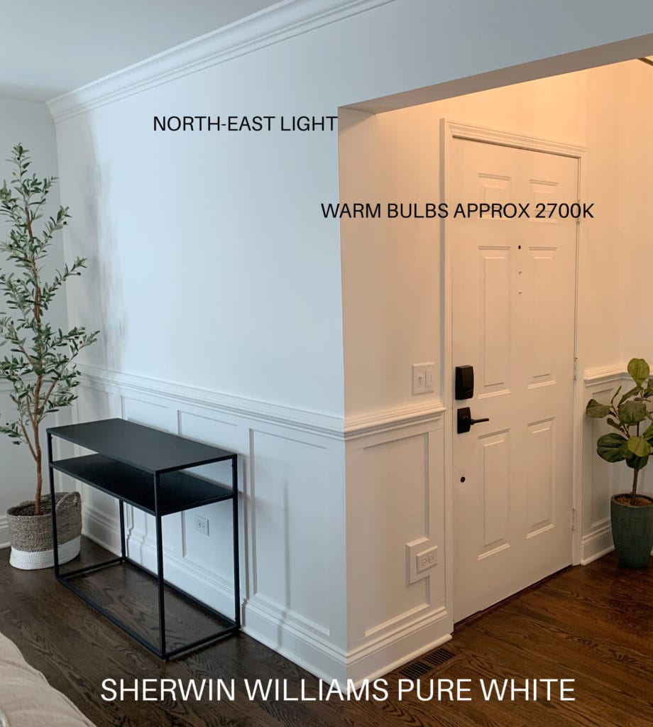 Sherwin Williams PUre White with north east exposure and 2700k warm light bulbs in foyer and living room. Kylie M Interiors Edesign, diy ideas