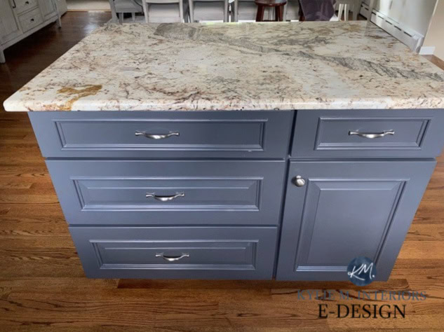 Warm cream granite countertop, oak floor, kitchen island painted Benjamin Moore Cheating Heart with LIGHT on it. Kylie M Interiors Edesign