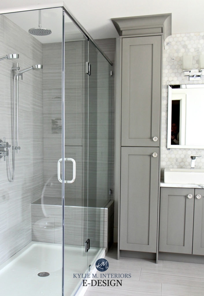 Best dark gray paint colour on bathroom vanity cabinet, Benjamin Moore Chelsea Gray. Kylie M Interiors online paint color consultant