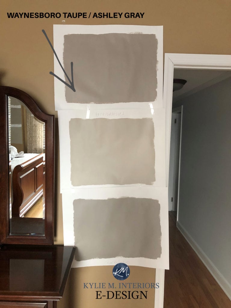Comparing Waynesboro Taupe, Pashmina, River Reflections, greige and taupes from Benjamin Moore. Kylie M Interiors Edesign