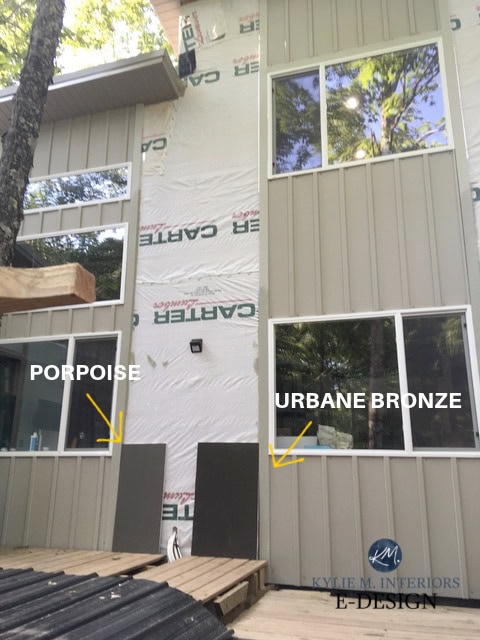Exterior siding, dark greige, Sherwin Williams Porpoise and Urbane Bronze samples. Kylie M Interiors edesign