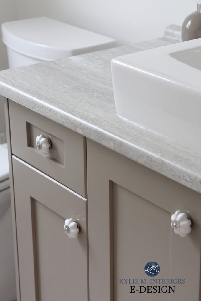 Laminate formica countertop, greige and taupe tones. Vanity best paint colour Kingport Gray Benjamin Moore. Kylie M ONline Paint Color Consultant