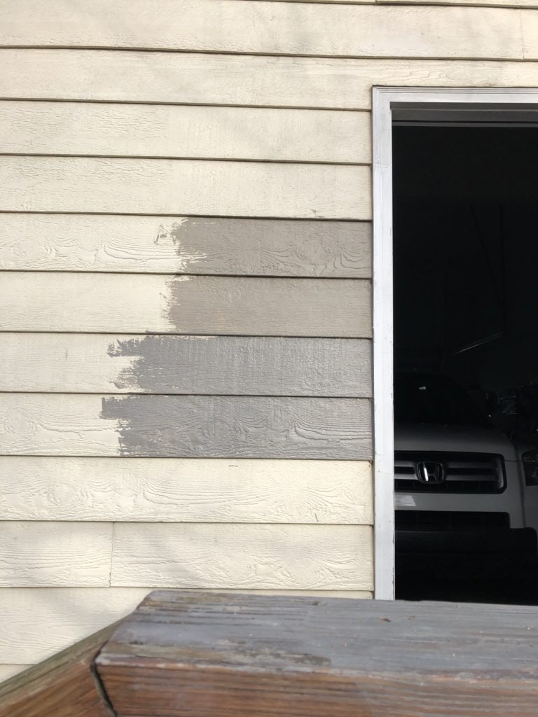 Siding painted in Sherwin Williams Keystone Gray and Dovetail, warm gray and taupe greige. Kylie M Interiors edesign