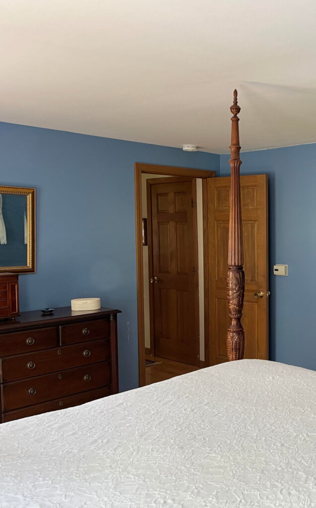 Benjamin Moore Blue Dragon blue paint color with wood trim