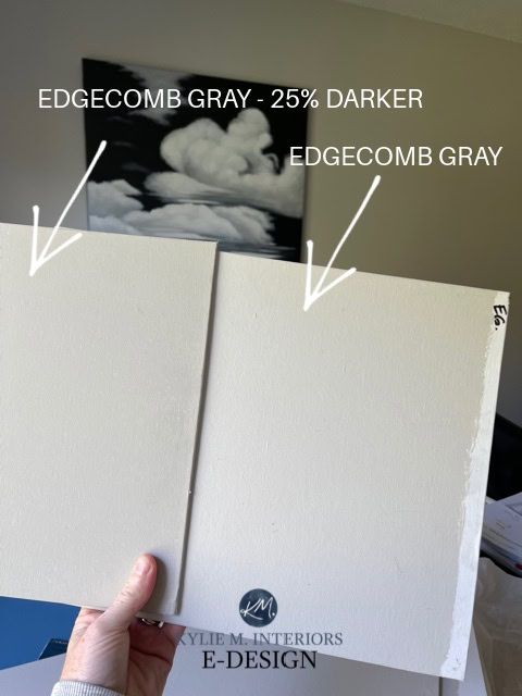 Benjamin Moore Edgecomb Gray darkened by 25. Best light greige taupe paint color, popular for walls. Kylie M Interiors Edesign, consultant