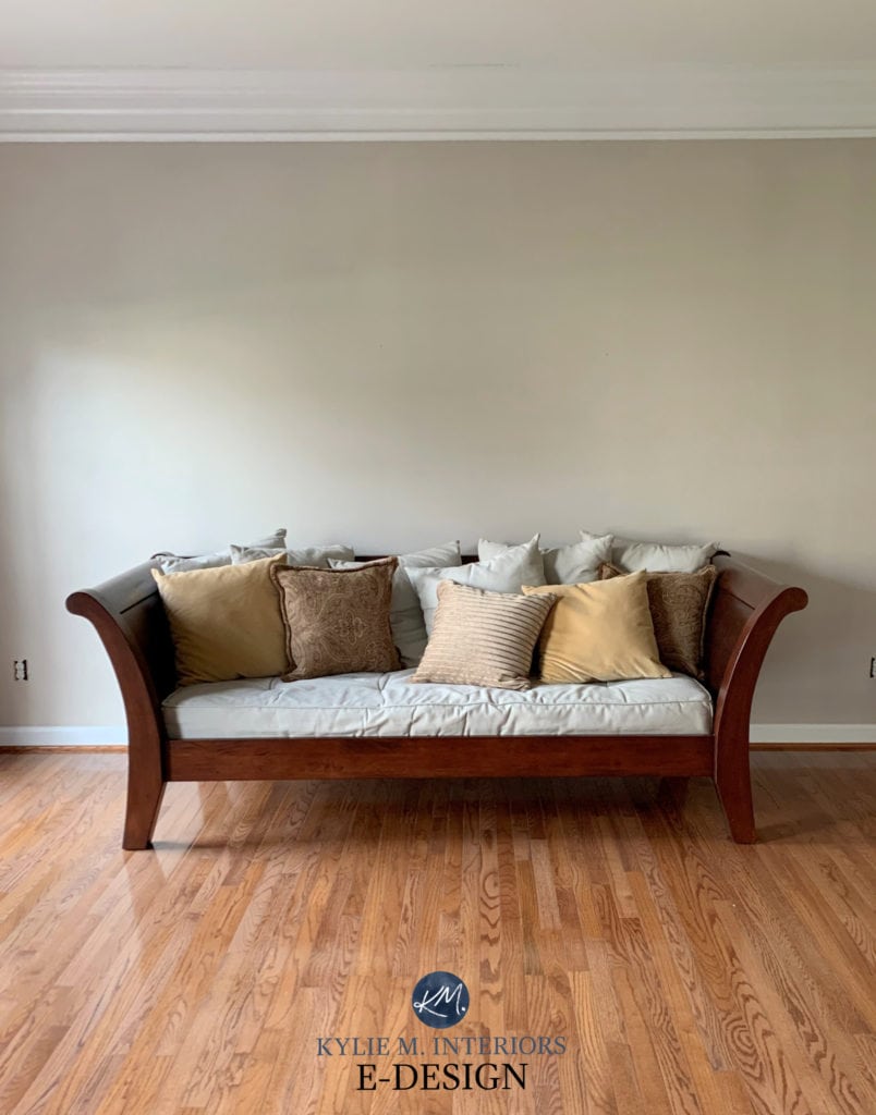 Benjamin Moore Smokey Taupe, orange warm hue wood floors, bench in front of wall. Best popular greige taupe paint colours. Kylie M Interiors Edesign, online
