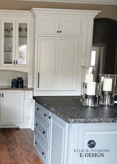 Dark black granite or soapstone countertop with off-white cabinets, island Sherwin Williams Grizzle Gray, main cabinets Aesthetic