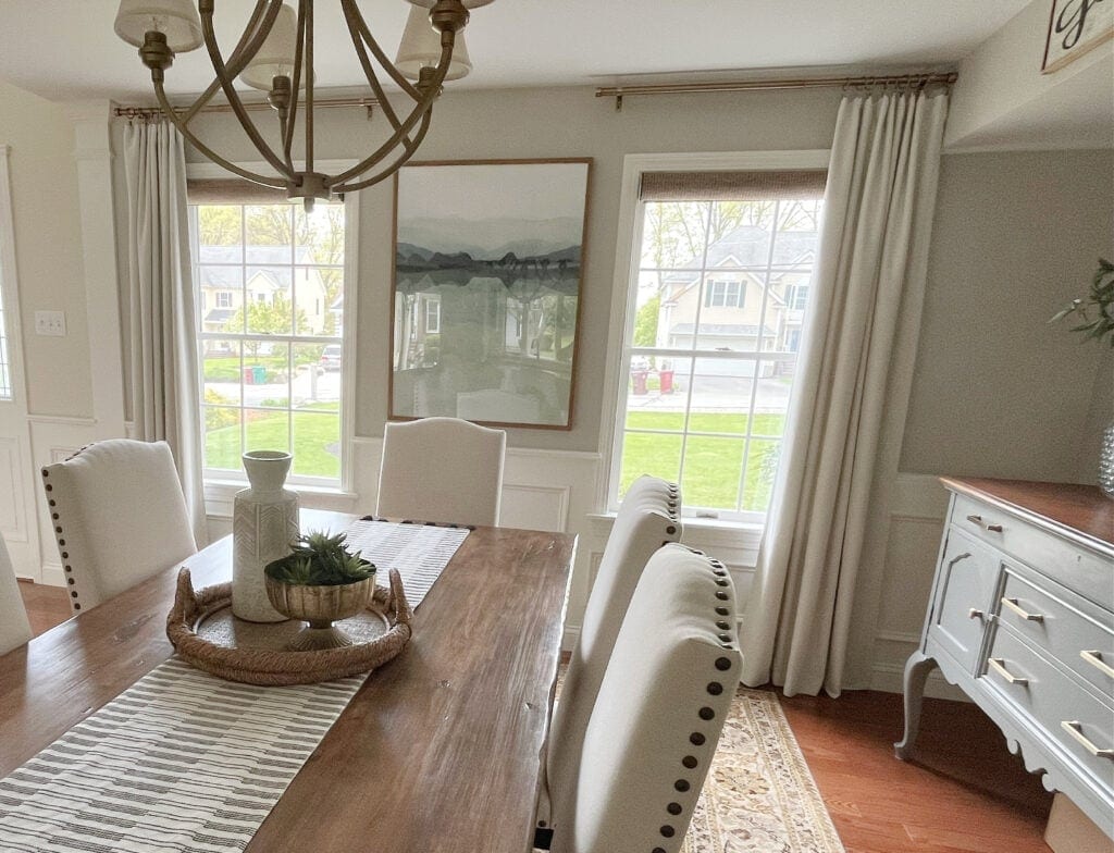 Dining room painted in Sherwin Williams Worldly Gray, White Dove wainscoting, buffet painted Tin Lizzie, gray green blue, oak floor.