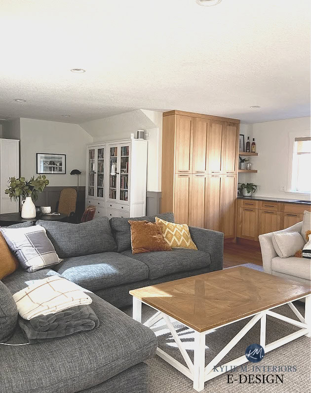 Family room, gray sectional, white oak home bar cabinets, Benjamin Moore White Dove cabinets, ikea bookcase. Kylie M Interiors Edesign, north and south facing