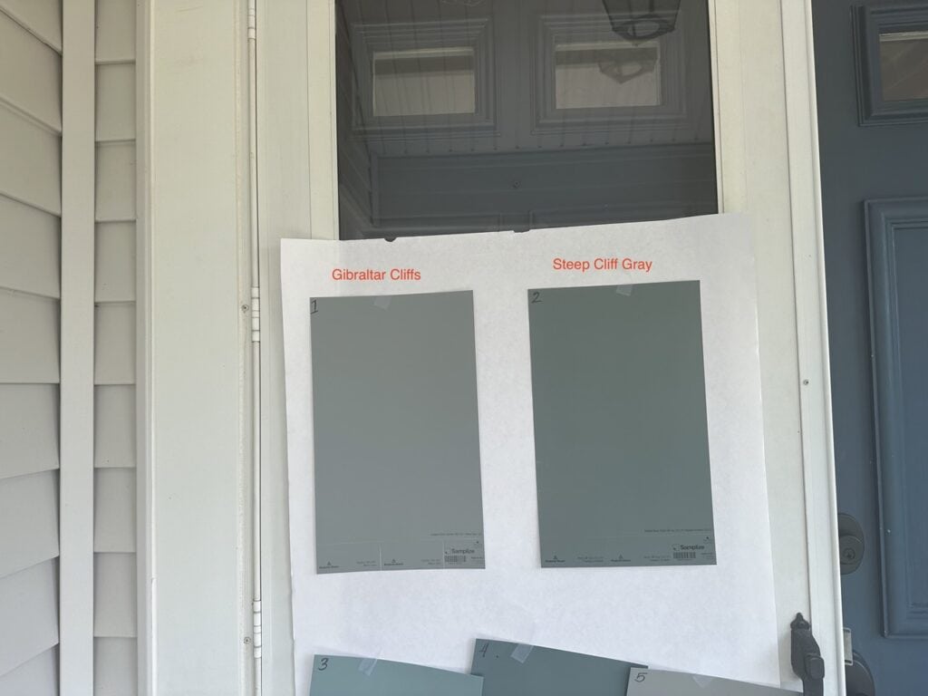 Gibraltar Cliffs and BEnjamin Moore Steep Cliff Gray, blue-green gray blends for front door