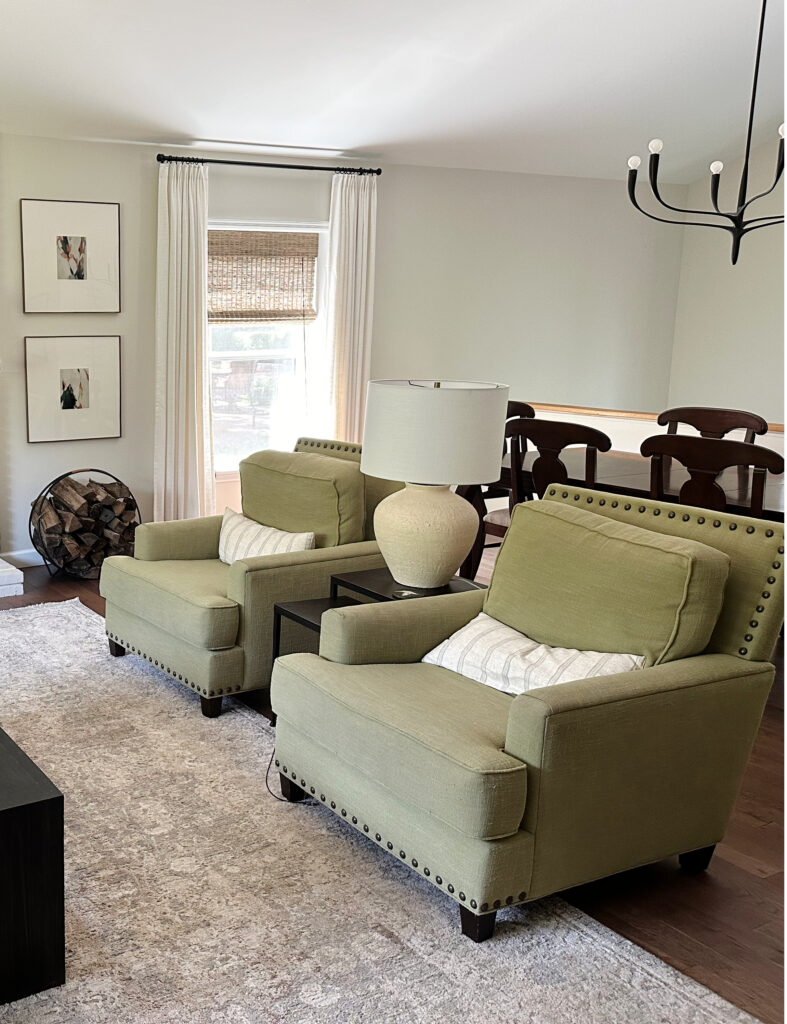 Green accent chairs in living room, Sherwin Williams White Duck walls, home decor