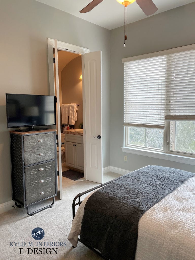 Guest bedroom, paint colour similar to Benjamin Moore Collingwood. Kylie M Interiors Edesign