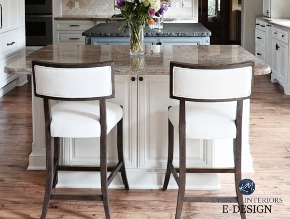Island with 2 stools, Sherwin Williams off-white, red oak flooring, taupe granite countertop, Aesthetic, Kylie M Interiors edesign