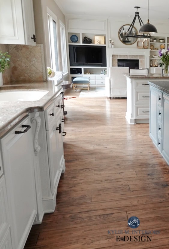 Kitchen cabinets Sherwin Williams Aesthetic White, taupe granite, red oak flooring. Kylie M Interiors Edesign