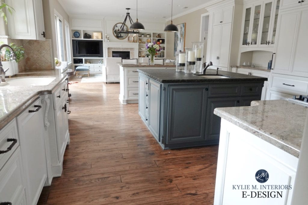Kitchen with red oak floor. Granite taupe countertops, off-white painted cabinets, Grizzle Gray island. Kylie M Interiors Edesign