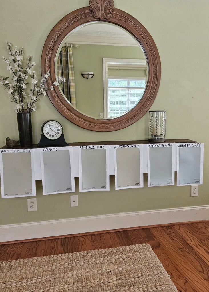 Sherwin Williams Analytical Gray, Argos, Sensible Hue, Amazing Gray, Magnetic Gray, Benjamin Moore Wales Gray, dark oak wood floor, blue-green gray blends and greige