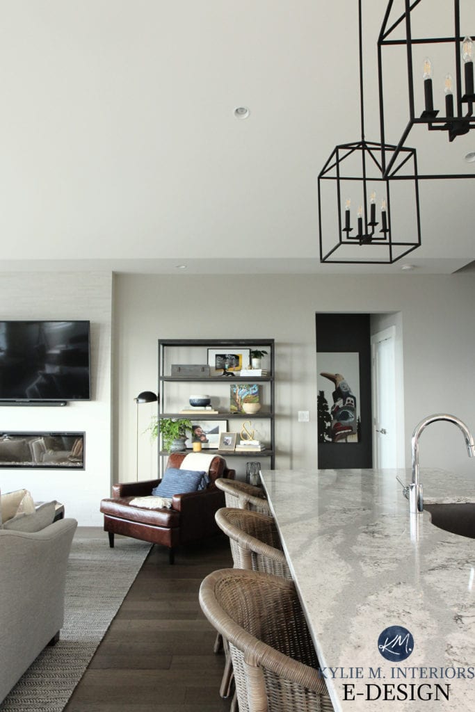 Sherwin Williams Colonnade Cambria Summerhill Quartz countertop, pendant lights, wicker counter stools. Kylie M Interiors Edesign, Karly Parker hard finishes