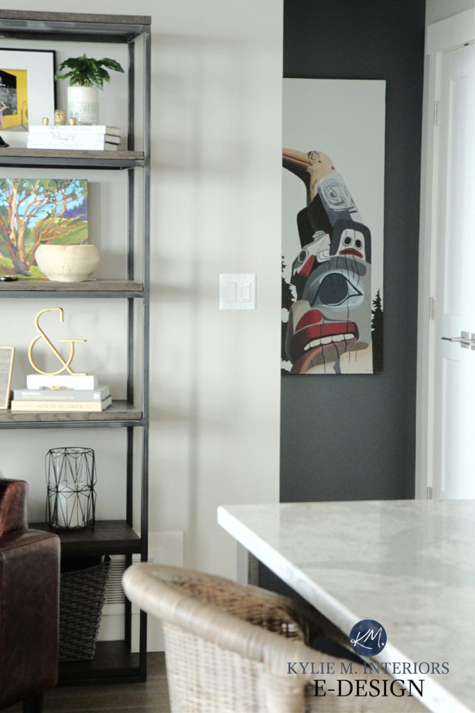 Sherwin Williams Colonnade Gray, Kitty Gray feature wall with Ken Kirkby artwork and open shelving. Kylie M Interiors Edesign