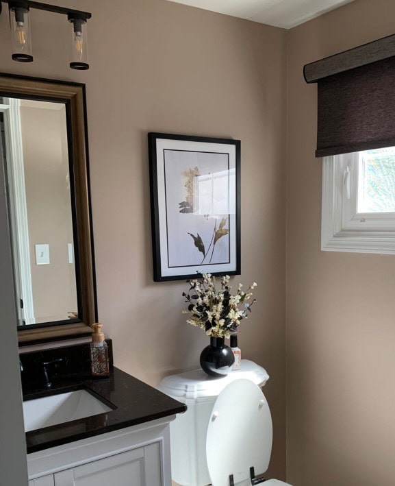 Sherwin Williams Dusted Truffle, medium dark taupe paint color in small powder room bathroom, dark granite countertop