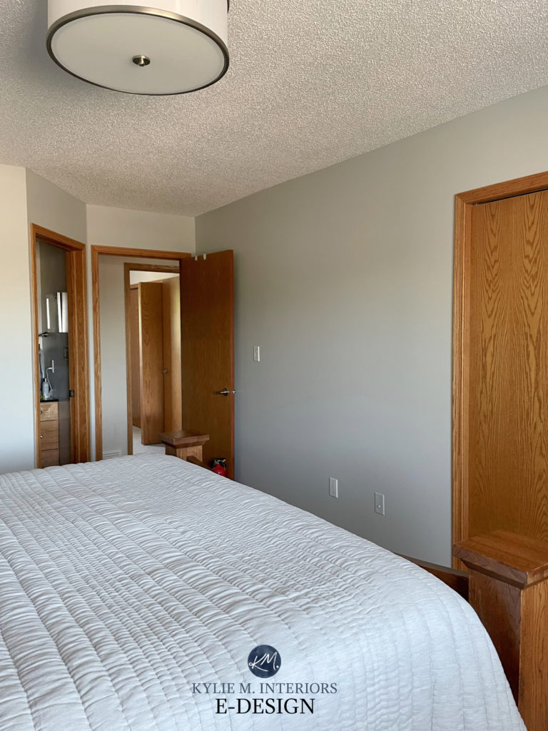 Sherwin Williams Front Porch, gray paint colour wioth wood trim and doors in bedroom. Blue green undertones. Kylie M Interiors Edesign, diy update ideas