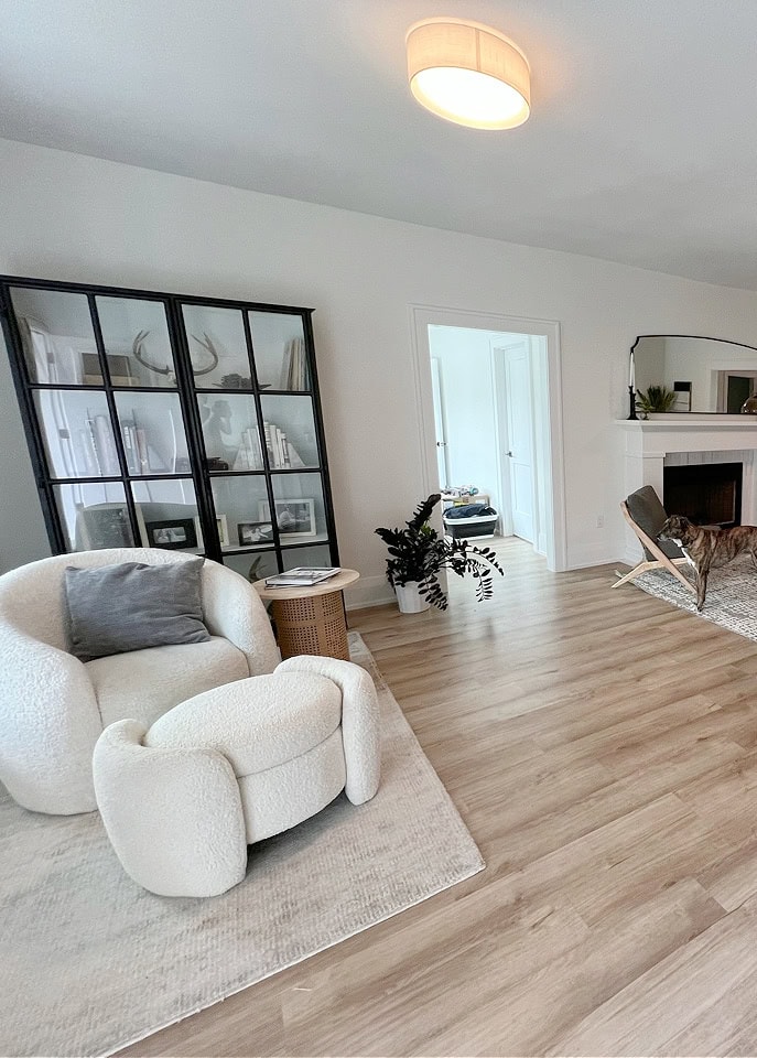 Sherwin Williams Greek Villa lightened on walls, Extra White trim adn ceiling, modern neutral, transitional style furniture, low ceiling (1)