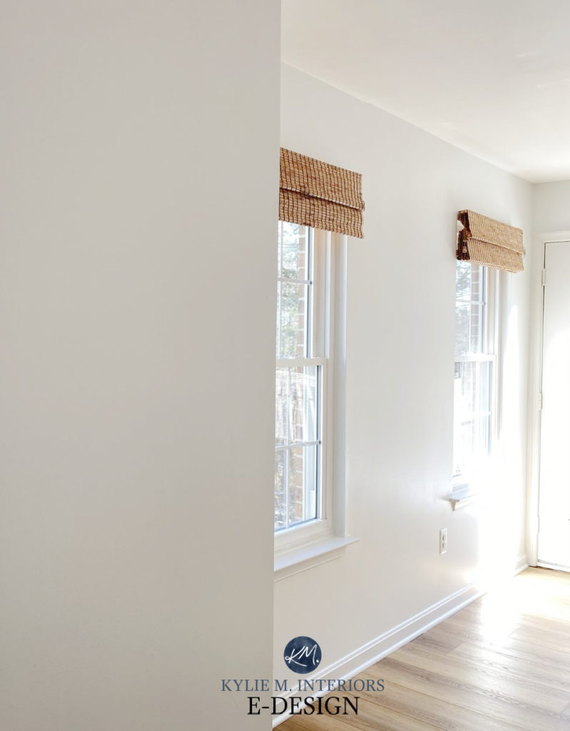 Sherwin Williams Pure White, warm wood flooring, bamboo blinds, popular white paint colour, Kylie M Interiors Edesign