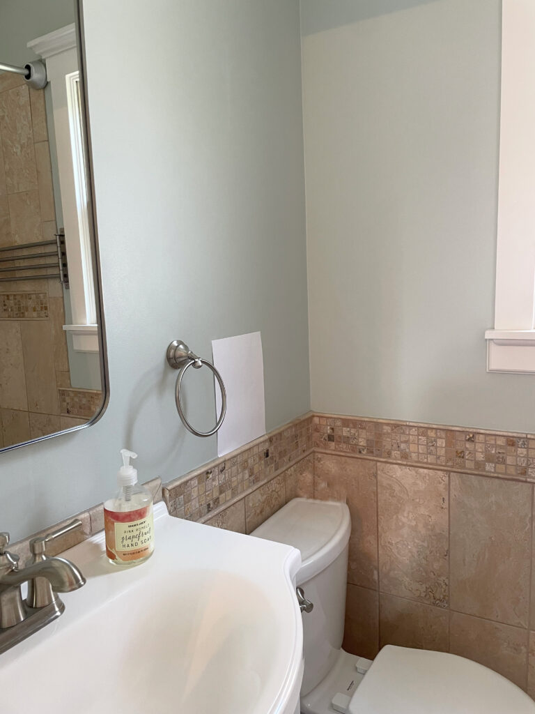 Sherwin Williams Sea Salt in bathroom travertine tile on floor and walls, mosaic (1)