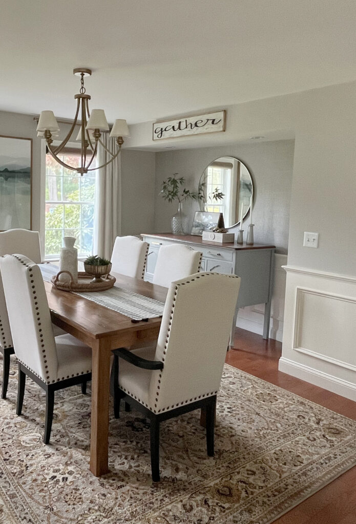 Sherwin Williams Worldly Gray, Benjamin Moore White Dove winascoting and trim, oak red stain wood floor, alcove or niche, dining furniture (1)