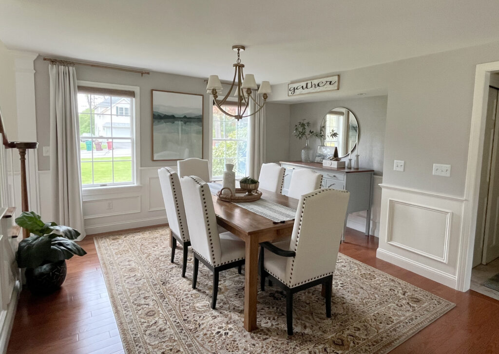 Sherwin Williams Worldly Gray, Benjamin Moore White Dove winascoting and trim, oak red stain wood floor, alcove or niche, dining furniture