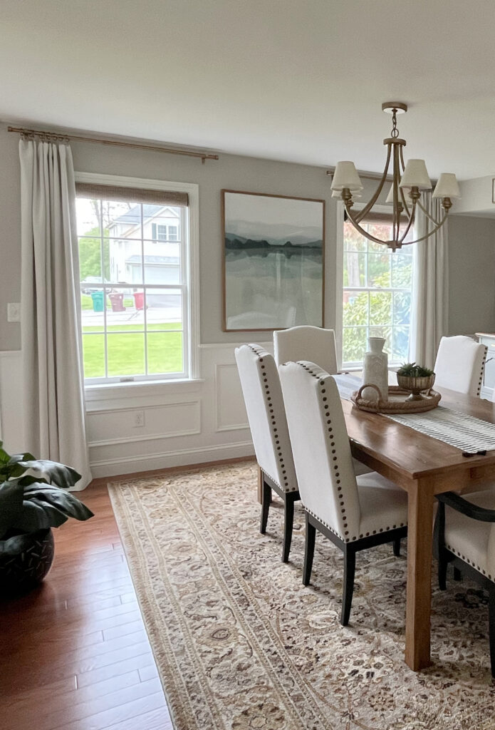 Sherwin Williams Worldly Gray, Benjamin Moore White Dove winascoting and trim, oak red stain wood floor, alcove or niche, dining furniture (2)