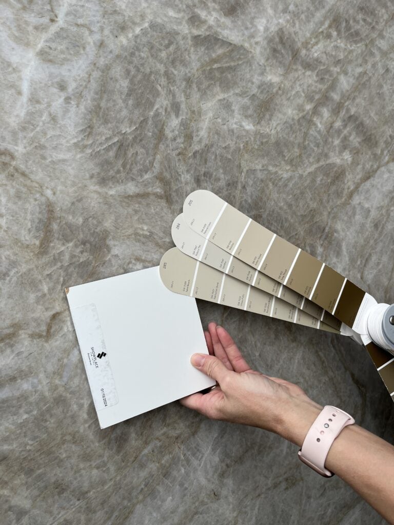 Taj Mahal also known as Perla Venata quartzite with paint samples quartzite countertop
