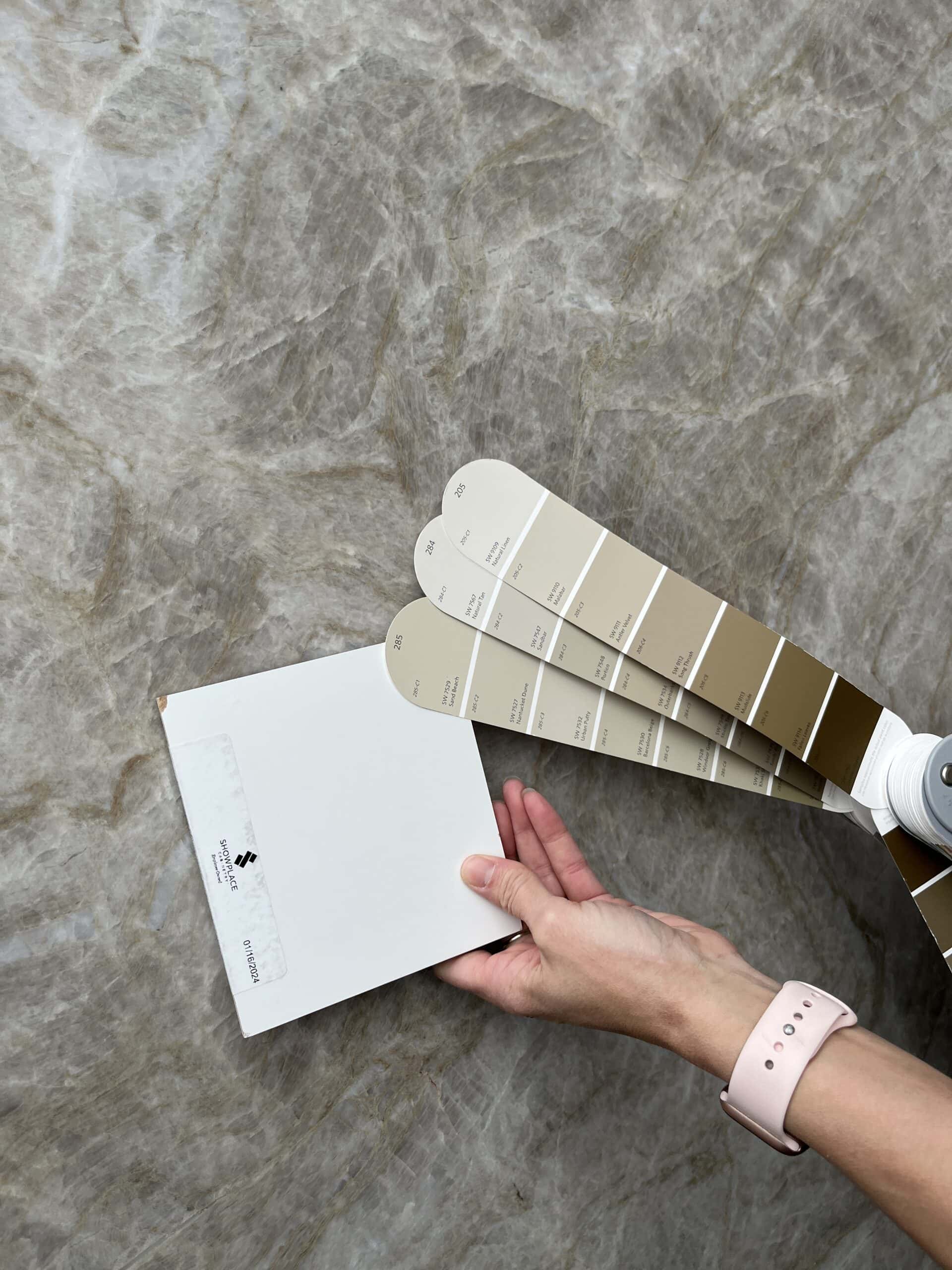 Taj Mahal also known as Perla Venata quartzite with paint samples quartzite countertop