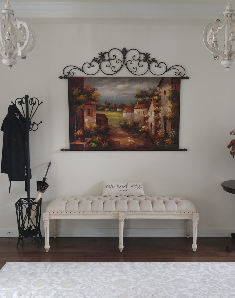 Warm white, Dover White paint color on walls, Pure White trim, traditional, slightly tuscan style home decor. Client photo