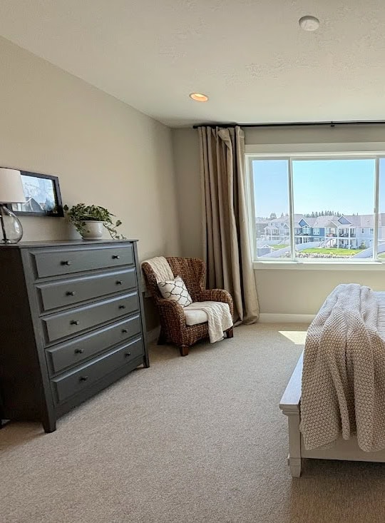 bedroom with dark wood dresser, room decor, taupe greige carpet, sherwin williams agreeable gray paint color on walls, pure white trim