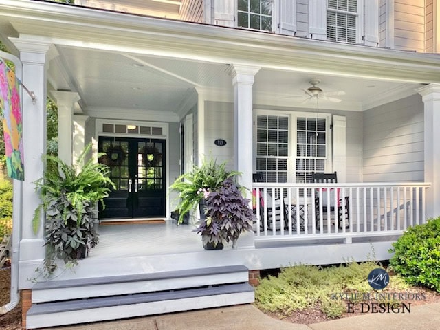 Close-up, Sherwin Williams Knitting Needles, best gray exterior siding paint colour with white trim, white shutters, Cheating Heart from door, west facing, Kylie M Interiors Edesign.