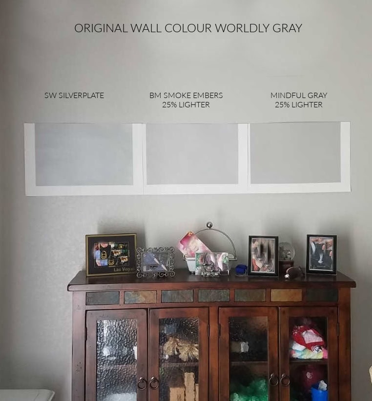 Difference between Sherwin Silverplate, Mindful Gray, and Benjamin Smoke Embers. Kylie M Interiors Edesign, gray paint colours.