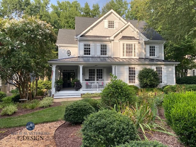 Exterior siding painted Sherwin Williams Knitting Needles white trim, white shutters, Cheating Heart from door, west facing, front patio. Kylie M Interiors Edesign. (2)